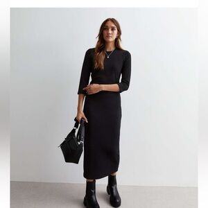 Black Ribbed Jersey 3/4 Sleeve midi maxi Dress